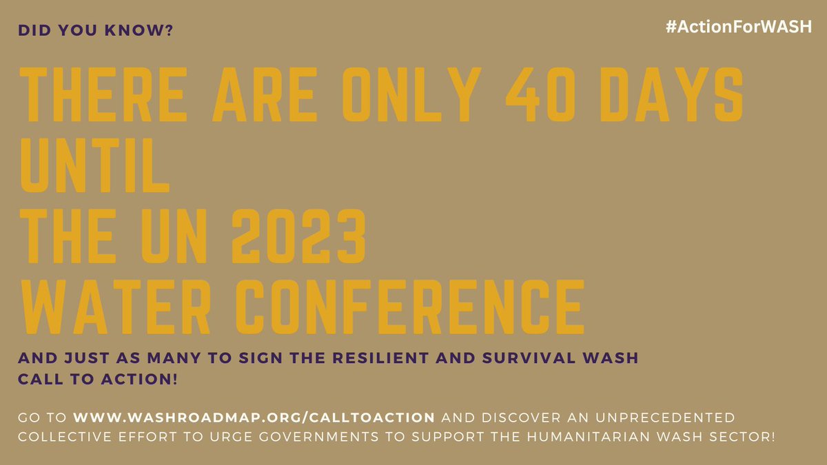 WASH_RoadMap's tweet photo. We are 40 days ahead of @UN_Water's 2023 Conf. and the effort to push resilient and survival WASH on the event's agenda continues! #ActionForWASH
What do the signatories of our Call To Action urge Member States to do?
Find out and sign the CTA here ➡ https://t.co/KKKdRQKYcm https://t.co/MxsITXmCRW