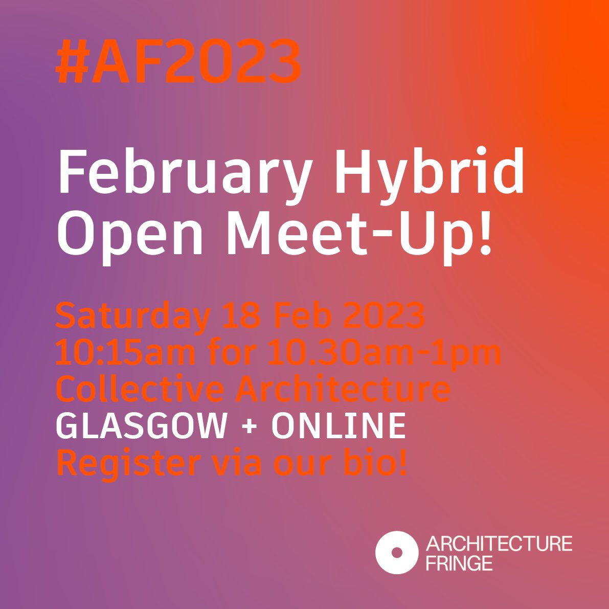 ArchiFringe's tweet image. 💥SATURDAY🔥

Thinking of placing self-directed work into the Architecture Fringe 2023 Open Programme?

Join us online and at @Collective_Arch for our February open meet-up.

Sat 18 Feb 10.30am-1pm

Share ideas, meet others, get some help🌈

Register &amp;gt;

tickettailor.com/events/archite…