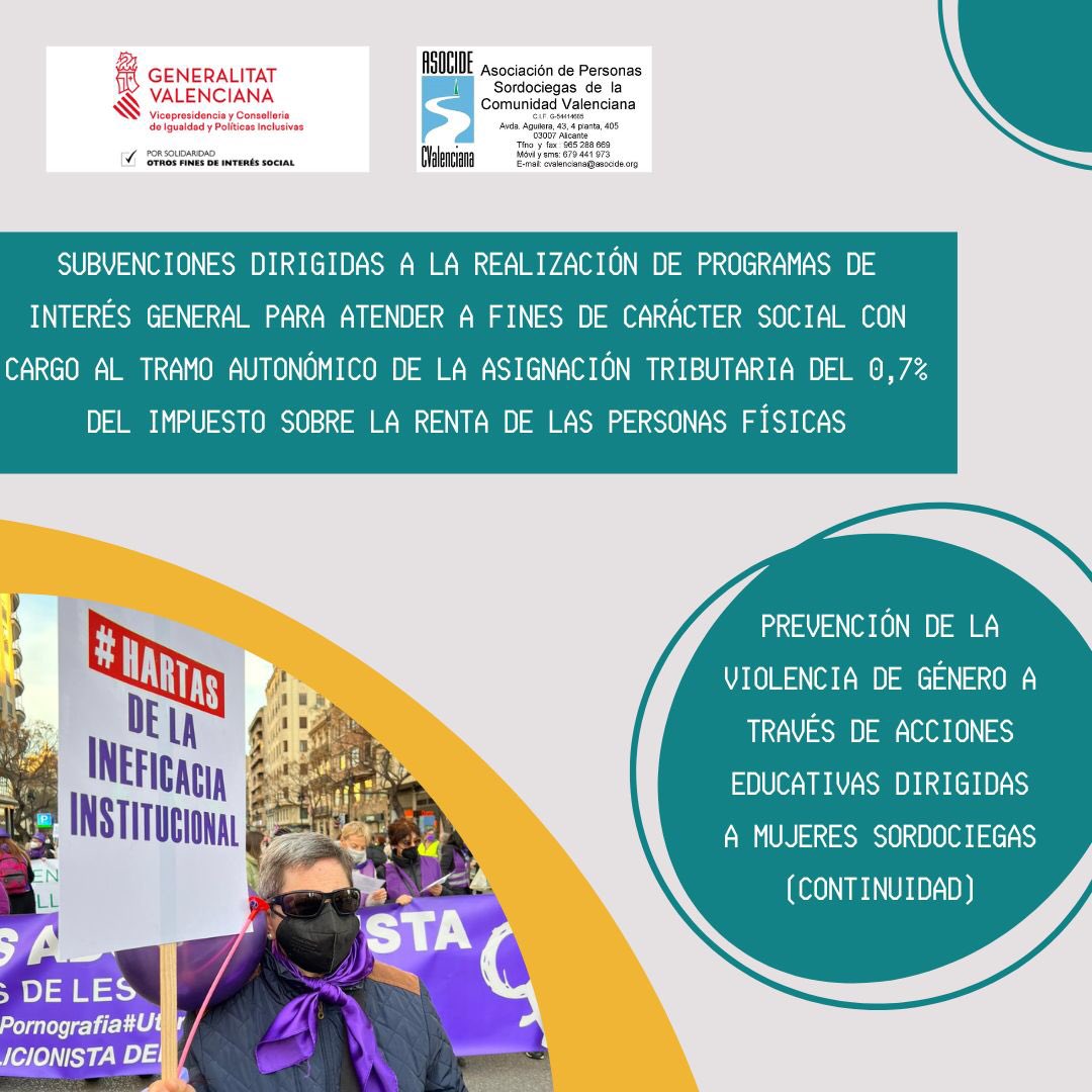 mujerasocidecv's tweet photo. Mediante las subvenciones del 0,7% del IRPF de @gvainclusio, se nos han otorgado 3.098,67 euros para el programa Prevención de la Violencia de Género a través de acciones educativas dirigidas a mujeres Sordociegas.
¡Muchas gracias! https://t.co/gZbH8px7ze