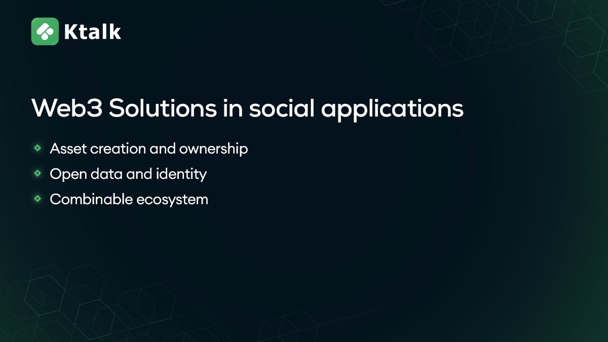 ⚡️#Ktalk - #Web3 solutions in social applications⚡️

#Web3 solutions in social applications include:
✅Asset creation and ownership
✅Open data and identity 
✅Combinable ecosystem

🚀Join us in exploring the future of decentralized social networking! 

#SocialFi #DeFi