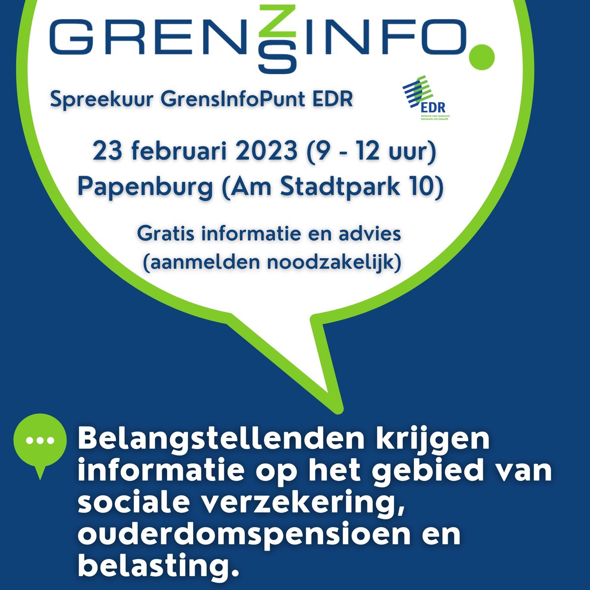 Tijdens een spreekuur op locatie in Papenburg kunnen grenspendelaars en hun werkgevers op 23 februari terecht bij GrensInfoPunt Eems Dollard Regio. Belangstellenden krijgen informatie op het gebied van sociale verzekering, ouderdomspensioen en belasting: edr.eu/agenda/spreeku…