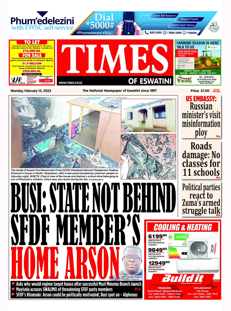TimesOfEswatinE's tweet photo. #SFDF Leader Busi Mayisela has given her view on the atdon attsck on party branch Chairperson. Does she know who was involved?#Traditional healer killed in mob justice, why?#USA Embassy reacts on Russia Foreign Affairs Minister statement on visit to Eswatini.#Goverment on Zuma. https://t.co/RB4jJTGQZl