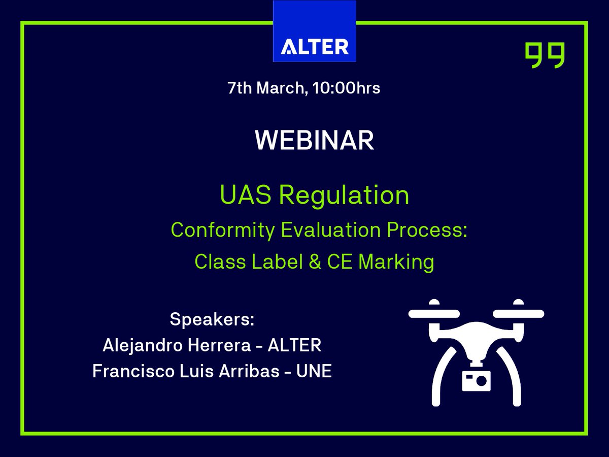 AlterTechnology's tweet photo. Conformity Evaluation Process: Class Label &amp; CE Marking. We will answer the questions #UAV manufacturers facing the new regulation may have.
Register here: https://t.co/U95uyCdZw9 https://t.co/gbE7AImXDP