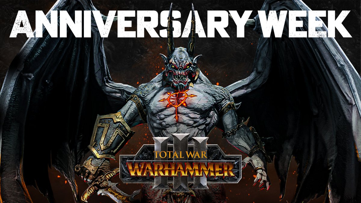 totalwar's tweet photo. This week marks the 1st anniversary of Total War: WARHAMMER III's launch! 🥳

We've lined up a bunch of awesome streams and giveaways, as well as an update coming to the game later this week, so come celebrate with us!

More info to follow. 👀 https://t.co/8BdkrO9D9d