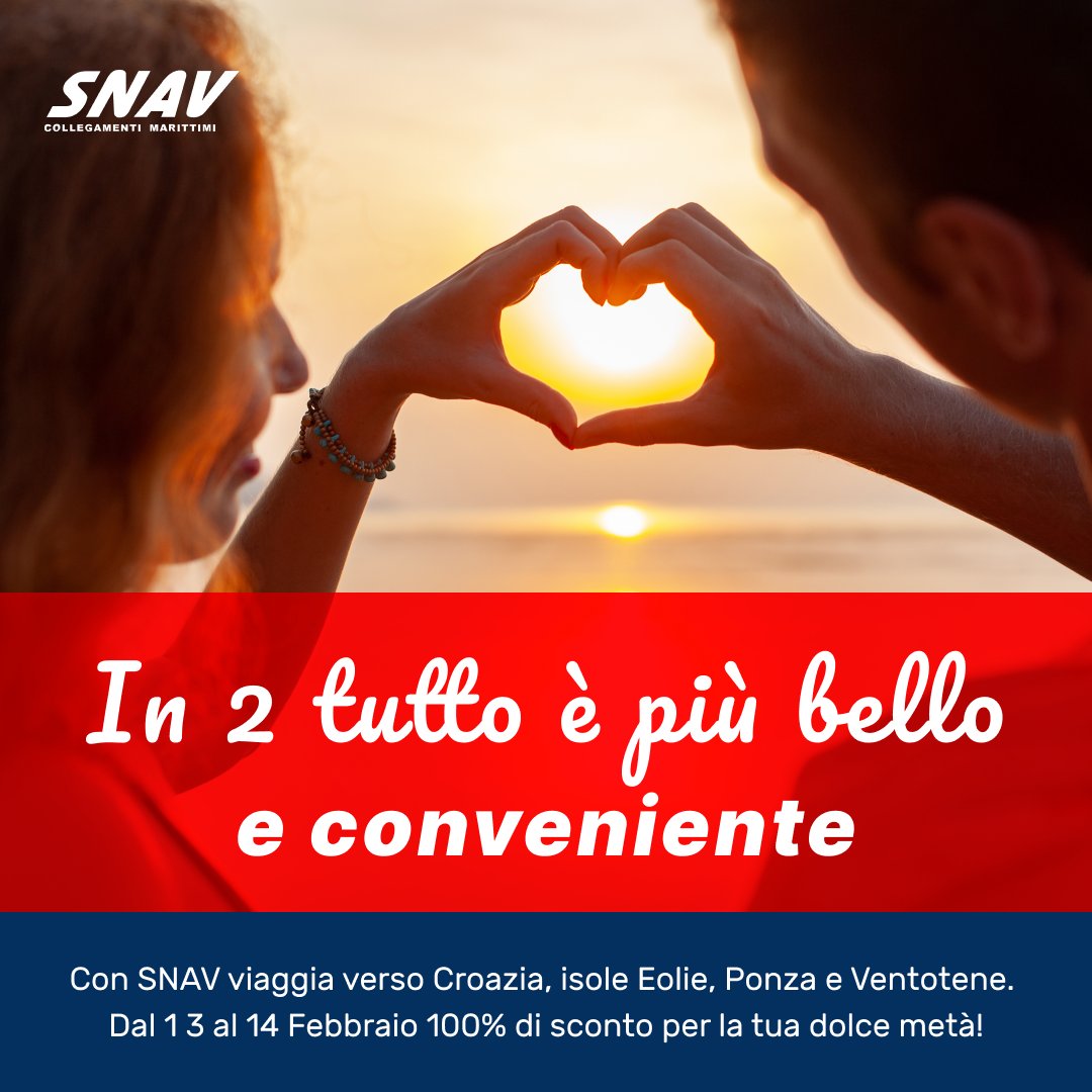 snav_it's tweet photo. 🥰A #SanValentino stupisci la persona che ami! 
Approfitta del 2x1 scegli la meta perfetta per il vostro #Amore: #Croazia #Eolie #Pontine e se cambi idea rimborsiamo il 100% fino a 30gg dalla partenza!
Non regalerai un semplice viaggio, ma un ricordo destinato a durare x sempre❤️ https://t.co/bhy5tXLl1M