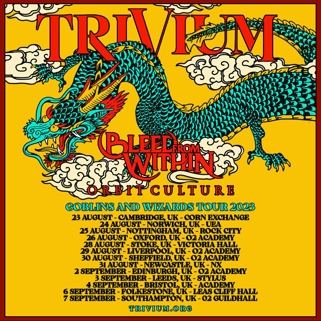 TriviumOfficial's tweet photo. Trivium Shogunate of the UK! We are returning this August &amp; September for the Goblins and Wizards Tour with special guests @BleedFromWithin and @orbitculture.

Tickets go on sale this Wednesday, 15 February at 10am GMT. For tickets and info, head to https://t.co/dKqNGbifZY 🤘 https://t.co/VF8cKoA5Vg