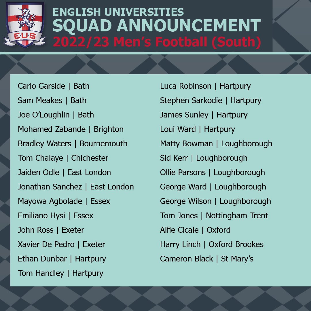 Men’s Football ⚽️ | Please join us in congratulating the student athletes selected to play in annual @engunisport North vs South football fixture 👏 Taking place at St George’s Park on Sunday 26 Feb, it should be a great spectacle of student sport🔥 ♥️🤍