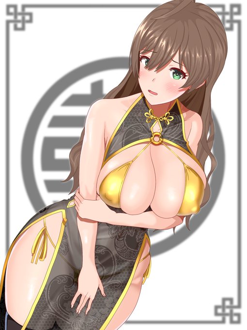 #ミリエロこの前の歌織さんssrのおっぱいに惑わされたので、性癖マシマシ透けチャイナ金ビキニおっぱい歌織さんを描いた。 