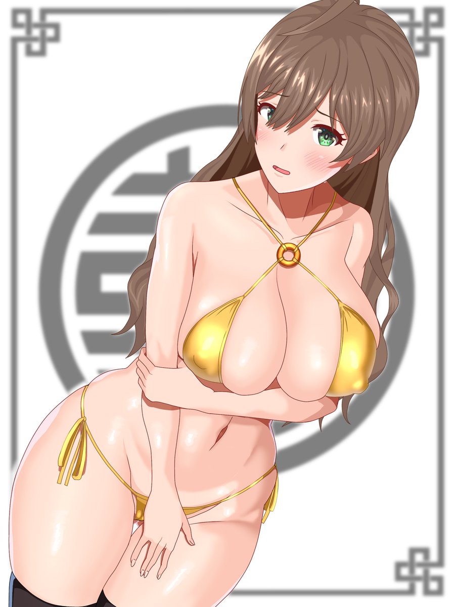 #ミリエロ
この前の歌織さんssrのおっぱいに惑わされたので、性癖マシマシ透けチャイナ金ビキニおっぱい歌織さんを描いた。 