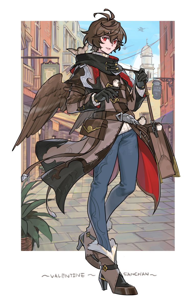 1boy male focus gloves brown hair bird red eyes pants  illustration images