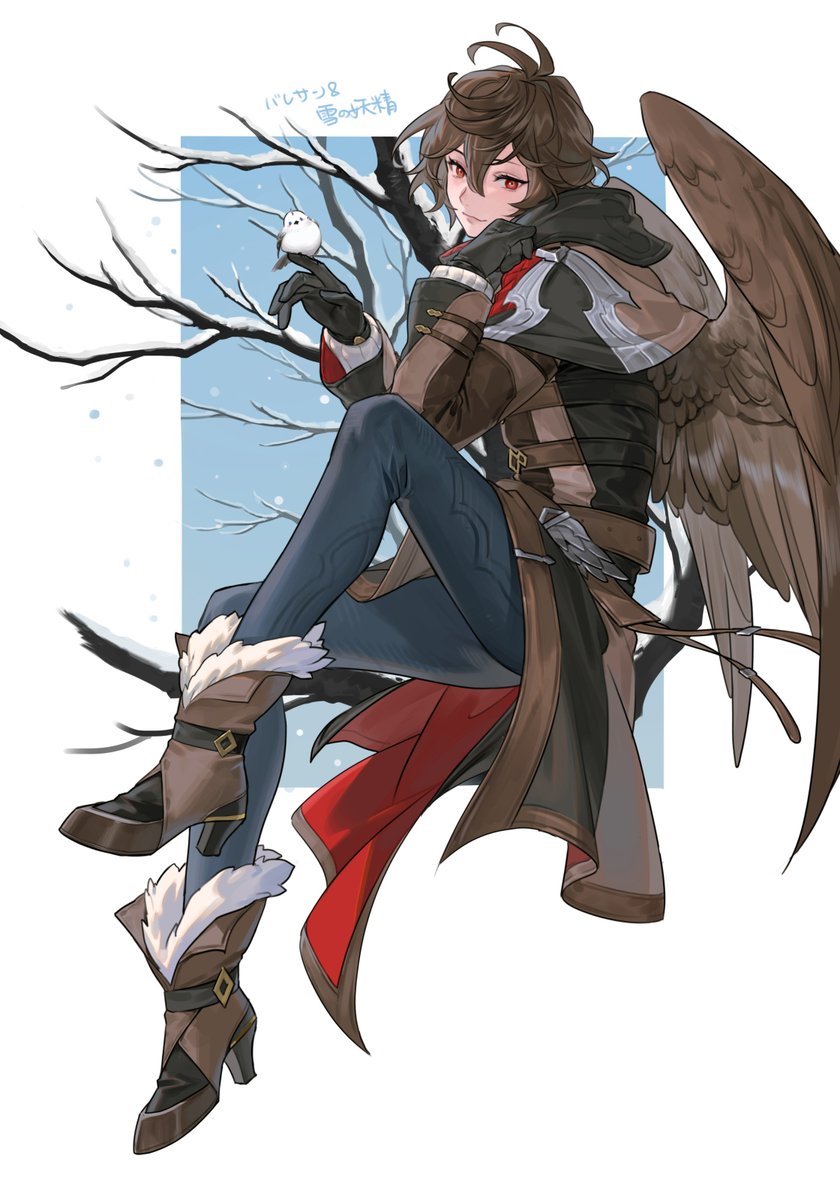 1boy male focus gloves brown hair bird red eyes pants  illustration images