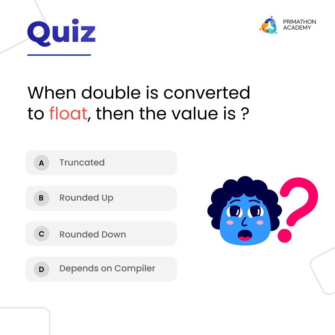 Academy_Prima's tweet image. Challenge yourself with a question related to the basics of the C programming language.
.
.
.
#CProgrammingBasics #CLanguageFundamentals #ProgrammingChallenge #CodingQuestion #CodingSkills #ProgrammingLanguages #TechChallenge #CProgramming #CodeTest #ProgrammerQuest #CodeExercise