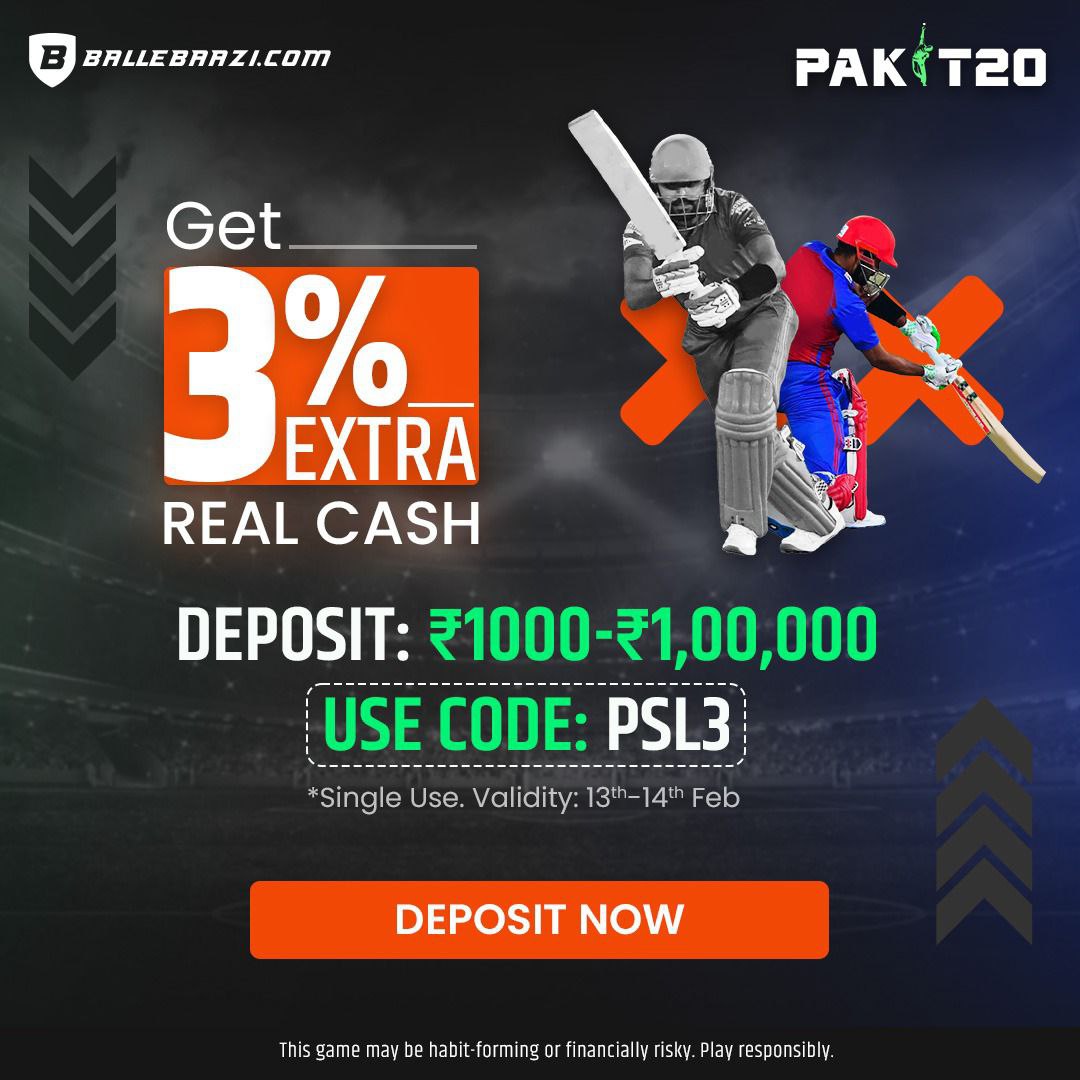 *Extra Cash. Extra Fun*😍

Jab deposit par mile 3% Extra Real Cash toh aapko chahiye sirf action.🔥

*Min. Deposit: ₹1000, Use Code: PSL3, Get up to ₹3000 Extra Real Cash,* play PAK T20, Women's T20 World Cup, Malta T10..

🖇️ Link: ballebaazi.app.link/refer?refercod…

Play Now!💯