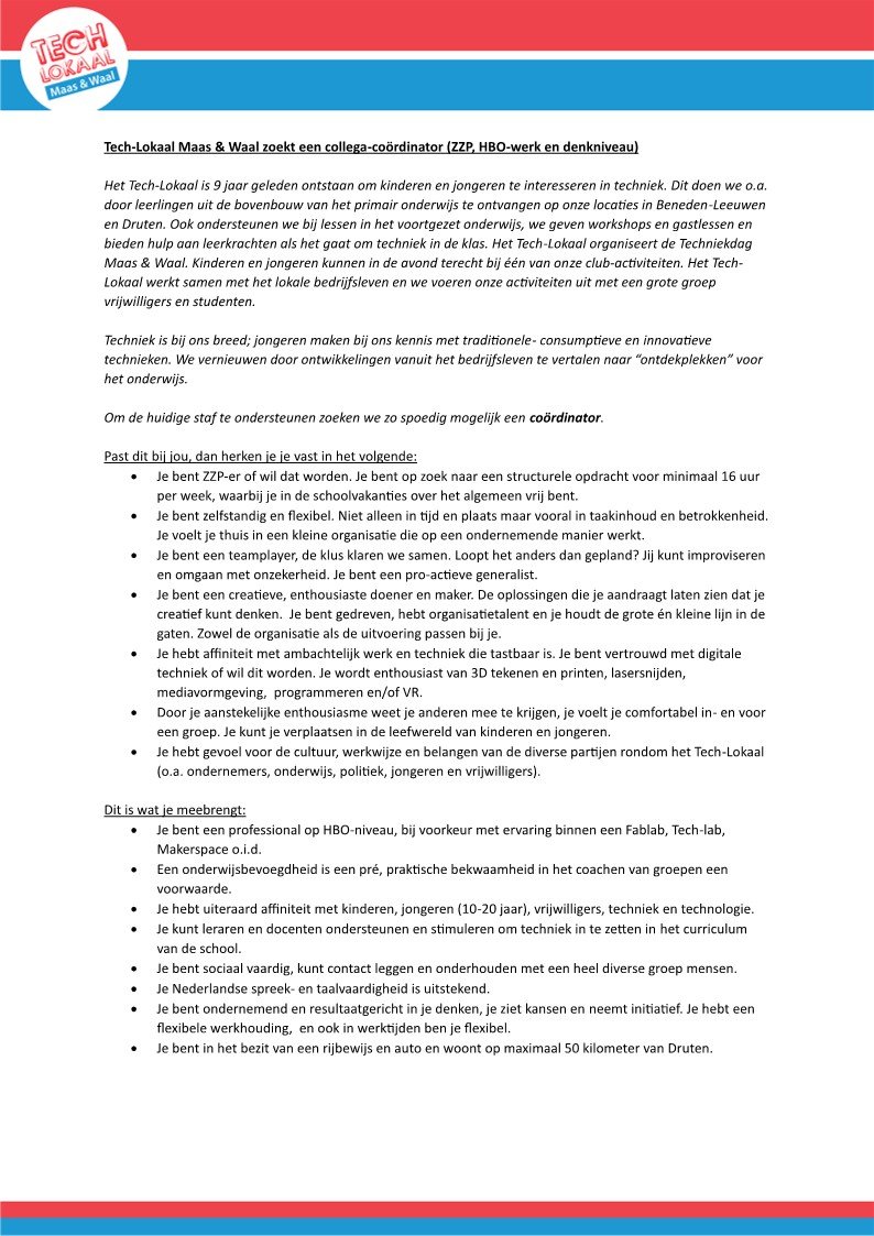 TechLokaal's tweet image. Het Tech-Lokaal zoekt een coördinator op ZZP basis: Een creatieve, mensgerichte functie, verbinder tussen onderwijs en techniek. Herken jij je in dit profiel, of in een deel, neem contact op!
#vacature #zzp #techniek #onderwijs #technologie #ondernemer #druten #westmaasenwaal