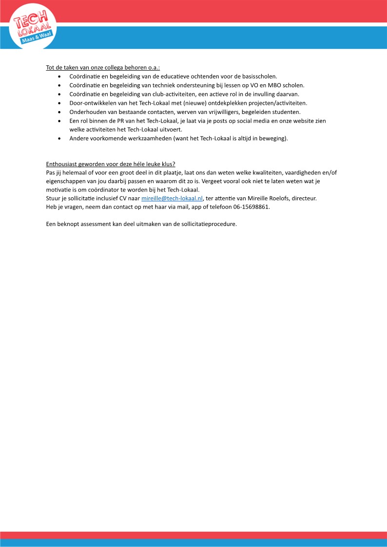 TechLokaal's tweet image. Het Tech-Lokaal zoekt een coördinator op ZZP basis: Een creatieve, mensgerichte functie, verbinder tussen onderwijs en techniek. Herken jij je in dit profiel, of in een deel, neem contact op!
#vacature #zzp #techniek #onderwijs #technologie #ondernemer #druten #westmaasenwaal