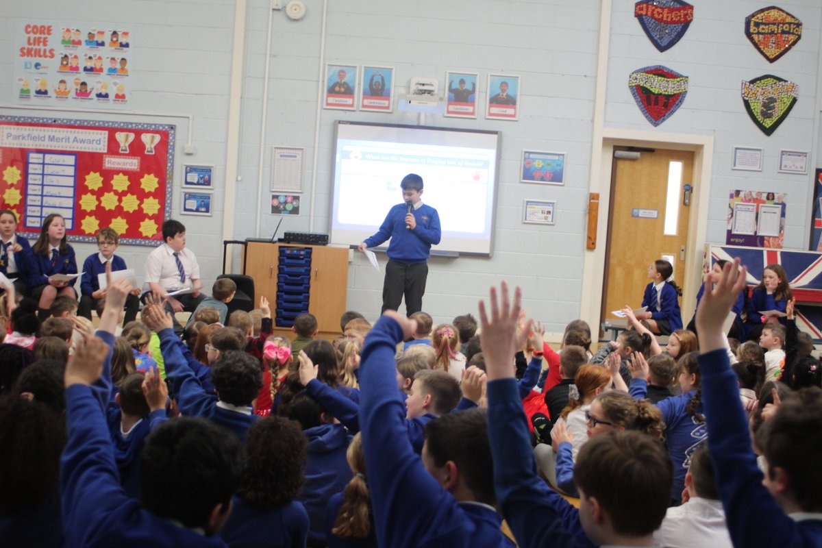 Parkfield's tweet photo. #Y6 #TechnologyTeam presented an #assembly to the school this morning about keeping safe online, including talking about: age restrictions on games, screen time and to deal with cyberbullying. https://t.co/L90sFF0RWF