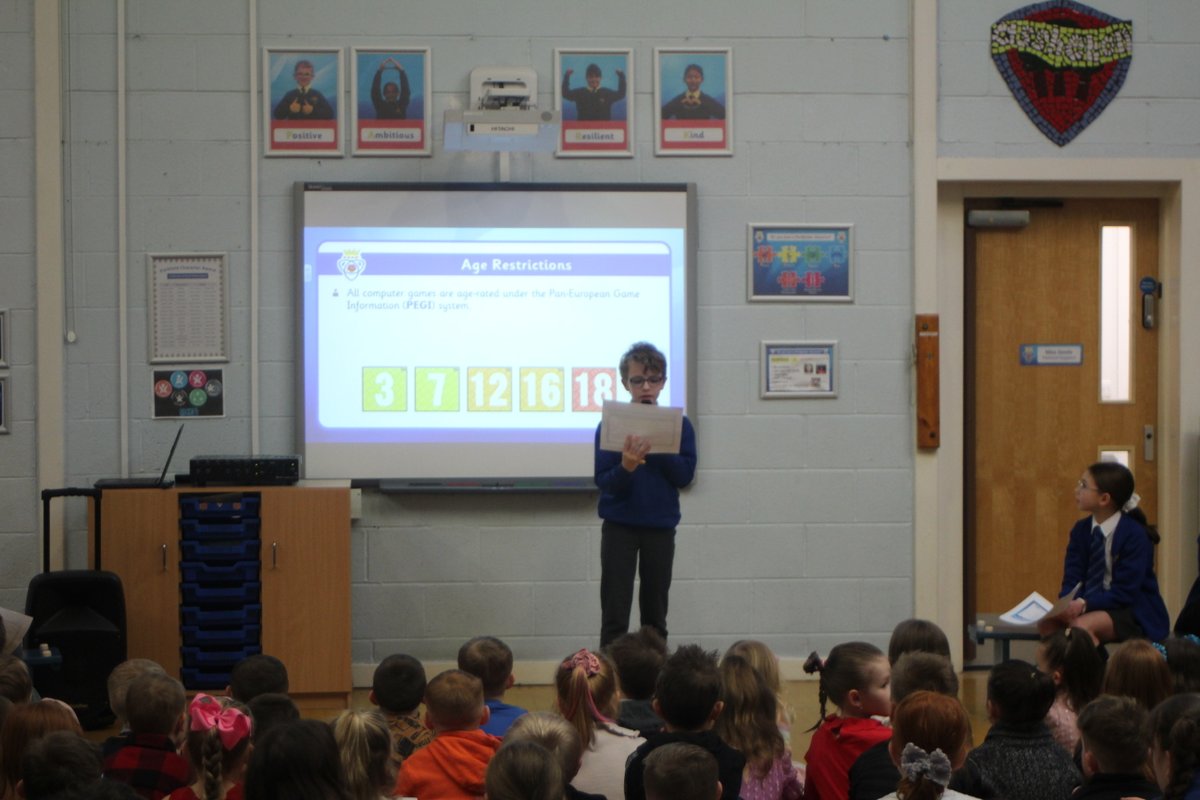Parkfield's tweet photo. #Y6 #TechnologyTeam presented an #assembly to the school this morning about keeping safe online, including talking about: age restrictions on games, screen time and to deal with cyberbullying. https://t.co/L90sFF0RWF