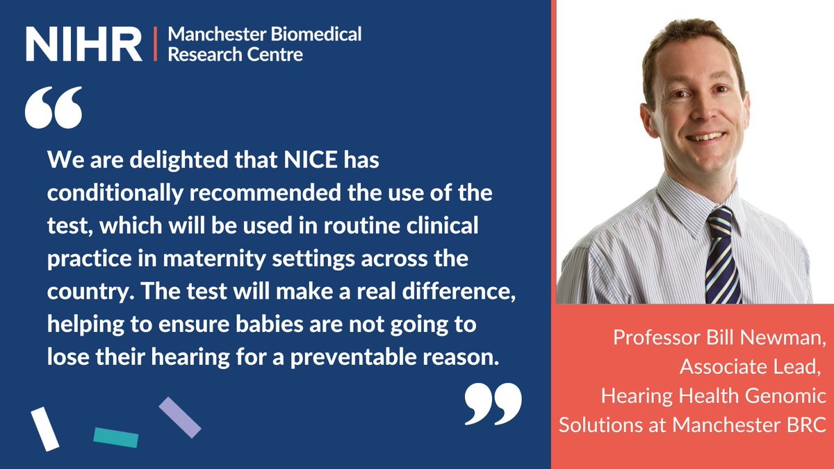 NIHR Manchester Biomedical Research Centre (@manchesterbrc) on Twitter photo A world-first genetic test to prevent hearing loss in newborn babies has been conditionally recommended by <a href="/NICEComms/">NICE</a> for use within the NHS.
The pioneering system was developed in collaboration with Prof Newman and his team at Manchester BRC.
Read more:
manchesterbrc.nihr.ac.uk/news-and-event… A world-first genetic test to prevent hearing loss in newborn babies has been conditionally recommended by <a href="/NICEComms/">NICE</a> for use within the NHS.
The pioneering system was developed in collaboration with Prof Newman and his team at Manchester BRC.
Read more:
manchesterbrc.nihr.ac.uk/news-and-event…