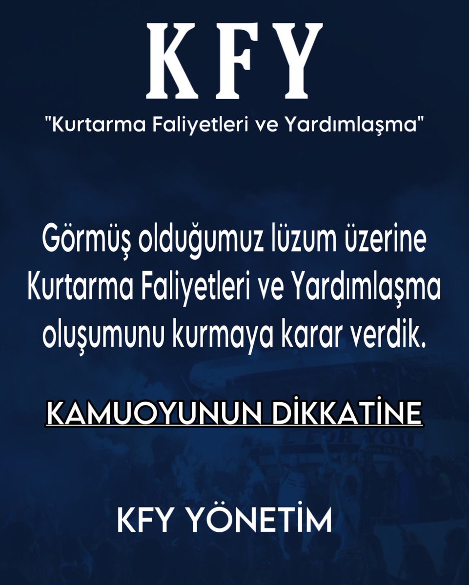 Kurtarma Faliyetleri Ve Yardımlaşma #kfy 

Görmüş olduğumuz lüzum üzerine  Kurtarma Faliyetleri ve Yardımlaşma oluşumunu kurmaya karar verdik.  
                     
                                 KFY YÖNETİM