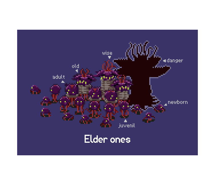 CoinSyb's tweet photo. The "elder ones", in the game, are the monster family responsible for the invasion.

#indiedev  #illustration #pixelart #aseprite #indiegame https://t.co/GvgW9PDEdW