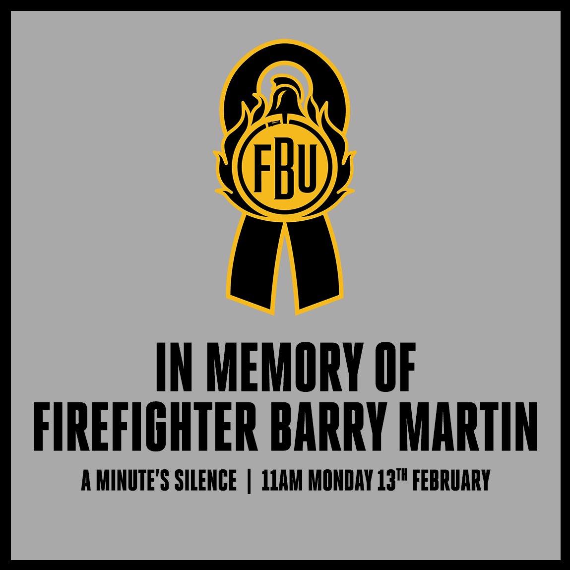 fbunational's tweet photo. Firefighters across the UK will fall silent at 11am today in memory of firefighter Barry Martin, who died last month from injuries sustained at the Jenners fire in Edinburgh. 

Join us in remembering him. https://t.co/6Vv0GHOHIe