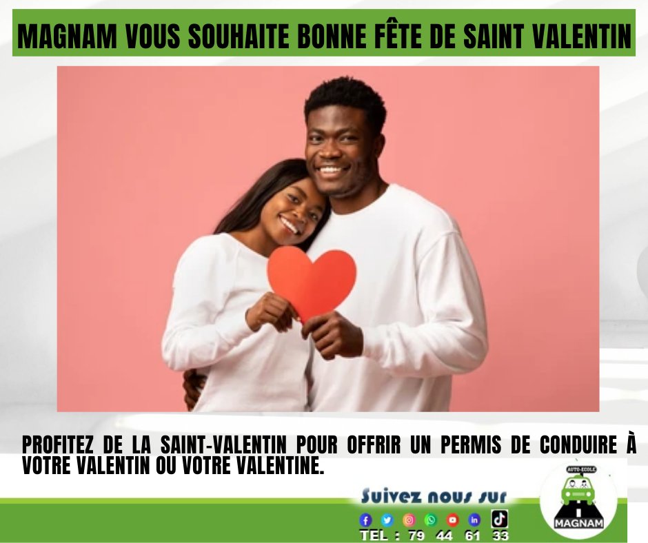 MagnamAuto's tweet image. 𝐌𝐚𝐠𝐧𝐚𝐦 𝐯𝐨𝐮𝐬 𝐬𝐨𝐮𝐡𝐚𝐢𝐭𝐞 𝐁𝐎𝐍𝐍𝐄 𝐅𝐄̂𝐓𝐄 𝐃𝐄 𝐒𝐀𝐈𝐍𝐓 𝐕𝐀𝐋𝐄𝐍𝐓𝐈𝐍 

C'est la meilleure période d'offrir un cadeau à votre Valentin ou votre valentine. 

#autoécole #Magnam #Mali #SécuritéRoutière #savoirconduire #saintvalentin