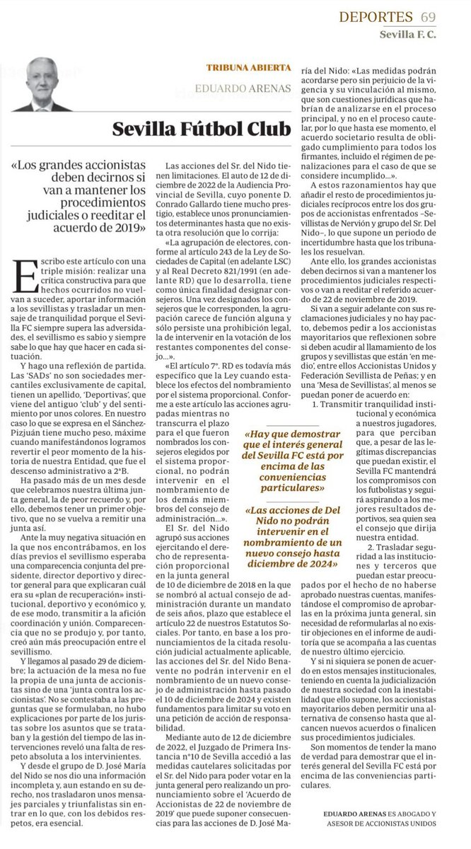 #SevillaFC.
Sin más consideración que la exclusivamente sevillista, creo impecable el análisis de la situación y la propuesta de solución que realiza en este artículo publicado en <a href="/abcdesevilla/">ABC de Sevilla</a> Eduardo Arenas.
<a href="/Accionistas_SFC/">Accionistas Unidos 🇵🇱</a>.
Con calma, inteligencia y sin prejuicios, analicen.