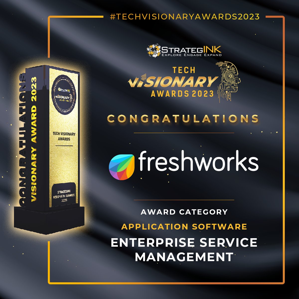 Let's hear it for #Freshworks on winning the award for #EnterpriseServiceManagement under the Application Software Category at the Tech Visionary Awards 2023.

Team StrategINK Rejoices in this victory!

#TechVisionaryAwards #StrategINK #Awards #Human #Capital #management