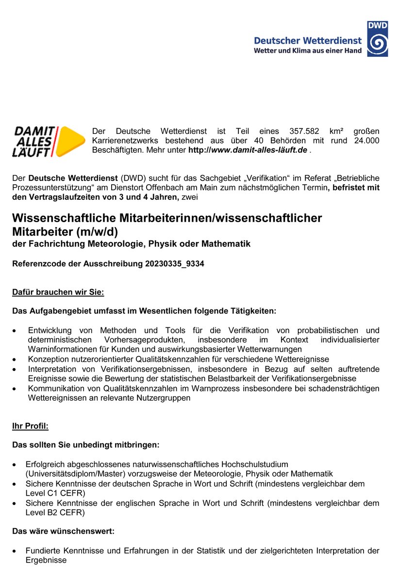 WavesToWeather's tweet image. Are you looking for a position @DWD_klima?
The #WeatherWarning and #ForecastVerification team is looking for two motivated persons. The contracts are fixed for 3- and 4-years respectively. The application deadline is 9 March 2023.
Contact Kathrin Wapler for more information.