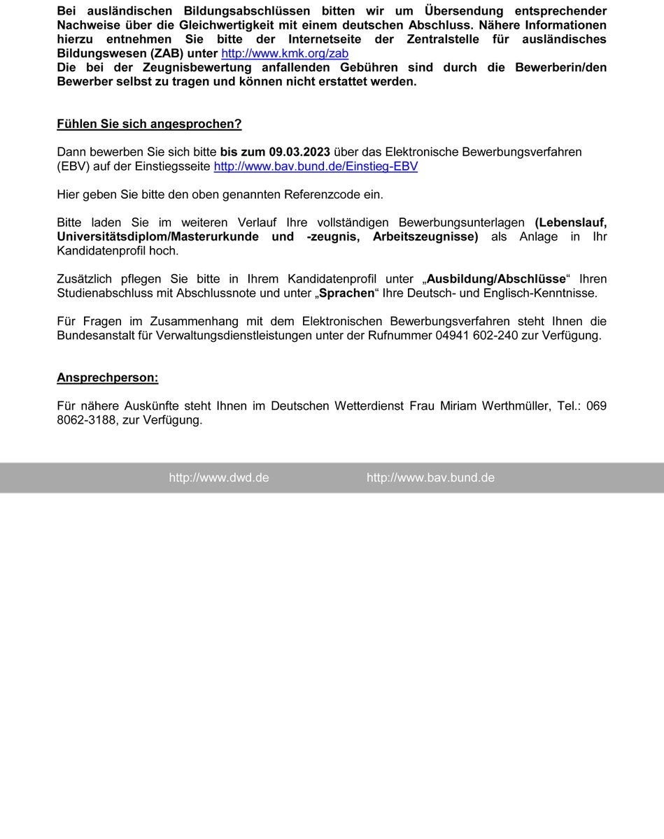 WavesToWeather's tweet image. Are you looking for a position @DWD_klima?
The #WeatherWarning and #ForecastVerification team is looking for two motivated persons. The contracts are fixed for 3- and 4-years respectively. The application deadline is 9 March 2023.
Contact Kathrin Wapler for more information.