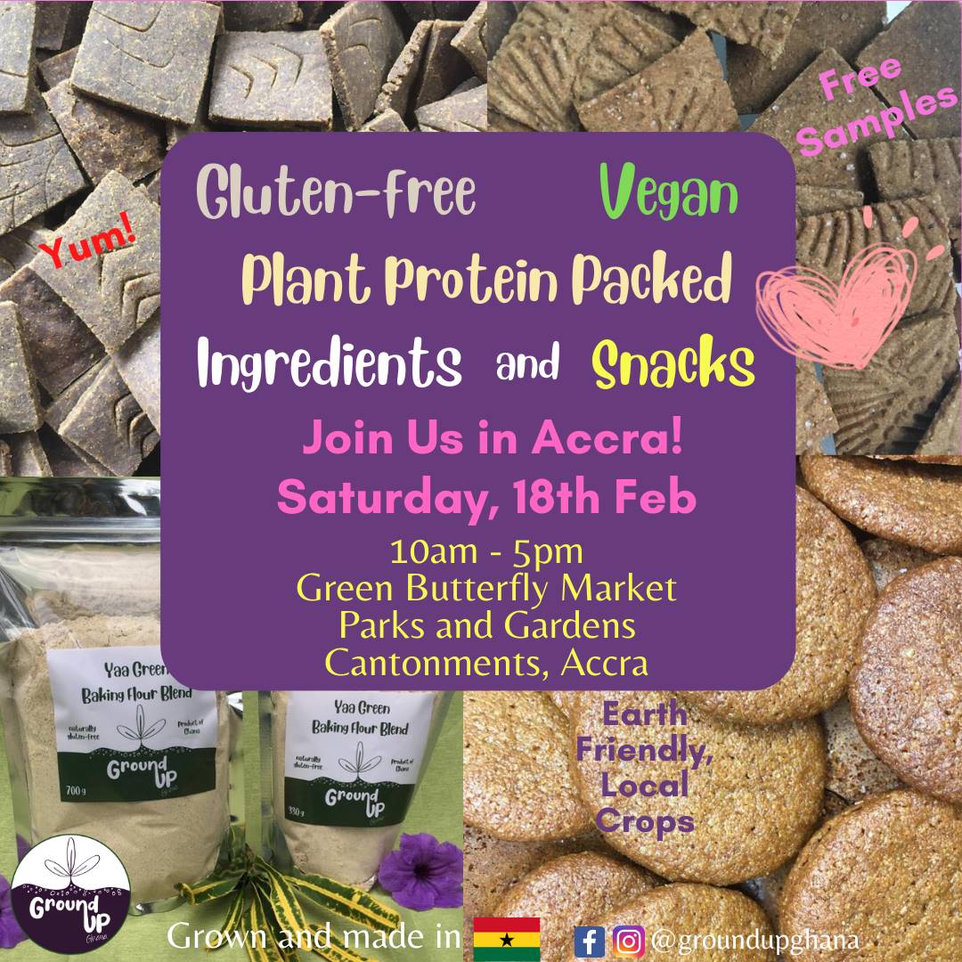 GroundUpGhana's tweet photo. Taste our products in Accra this weekend, 18Feb!😋🍪
#Vegan #GlutenFree #SoyFree #Millet #BambaraBeans #ForPeopleForPlanet #ResponsibleConsumption #ClimateAction #Biodiversity #ImportDetox #PlantProtein #IYM2023 #LovePulses #Accra #MadeInGhana #GreenButterflyMarket https://t.co/sqi4HsB1t0