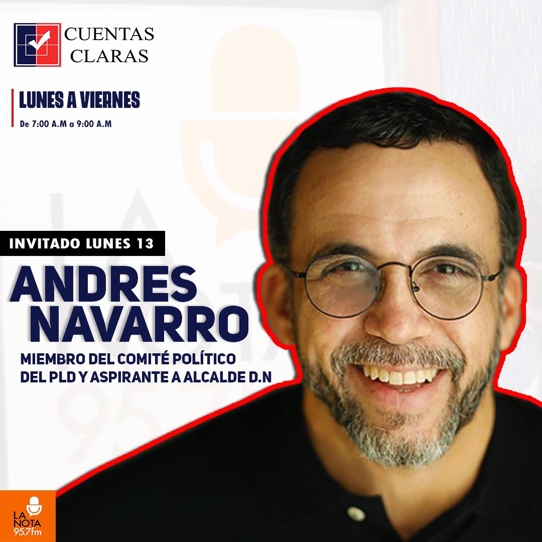 Buen día ☀️ 

Hoy en la #Entrevistadeldía nos acompaña <a href="/andresnavarrog/">Andrés Navarro</a> miembro del comité político del <a href="/PLDenlinea/">PLD</a> y aspirante a alcalde del D.N. 

Sintoniza con nosotros a partir de las 7:00 A.M. por la 95.7 F.M.

<a href="/JoseMonegro/">José P. Monegro</a> <a href="/luisrgarcia15/">Luis García</a> <a href="/germanmarte4/">German Marte</a> <a href="/LopezMorrobel/">Hugo López Morrobel</a>