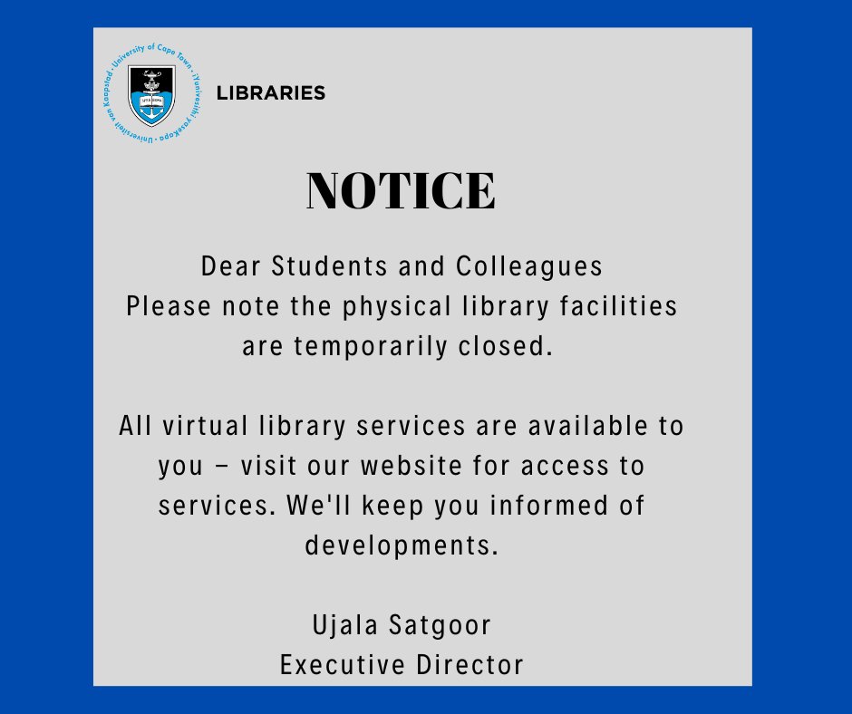 Notice: Please note the physical library facilities are temporarily closed. All virtual library services are available to you - visit our website for access to services. We'll keep you informed of developments.