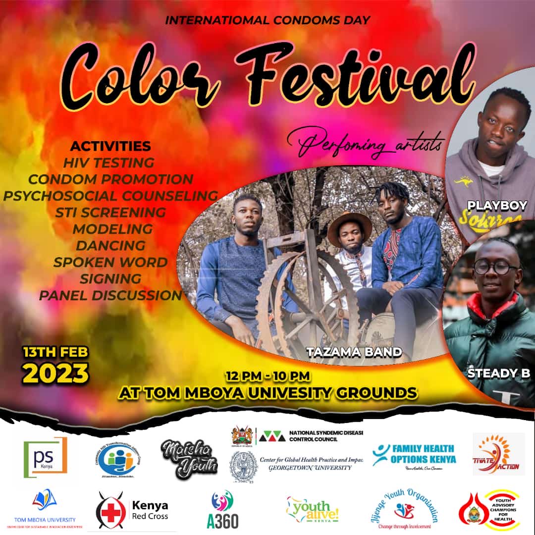 Happening now at Tom Mboya University #InternationalCondomDay2023. Jihusishe Jitambue, Jikinge #Yours, Ours, Mine. Be your own driver; choose safety Wadau✌️