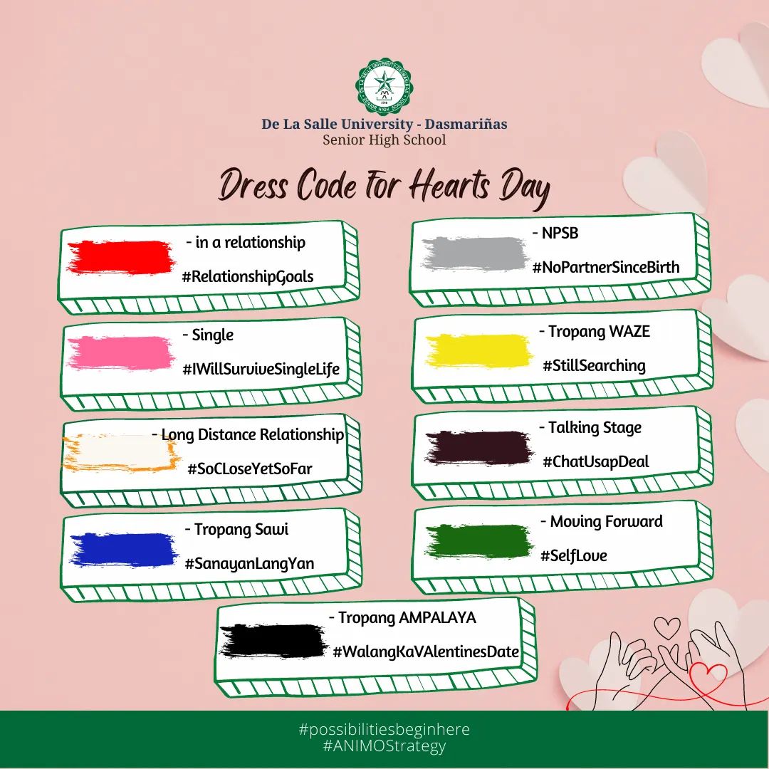 DLSUDHighSchool's tweet photo. 𝐋𝐄𝐓 𝐘𝐎𝐔𝐑 𝐒𝐇𝐈𝐑𝐓 𝐂𝐎𝐋𝐎𝐑 𝐄𝐗𝐏𝐑𝐄𝐒𝐒 𝐘𝐎𝐔𝐑 𝐒𝐓𝐀𝐓𝐔𝐒 💕💕

Valentine's Day is meant to spread love and express your feelings through different ways. 

Start the day by letting your shirt express your status by following the dress code below. https://t.co/L3Xo2IfZzl