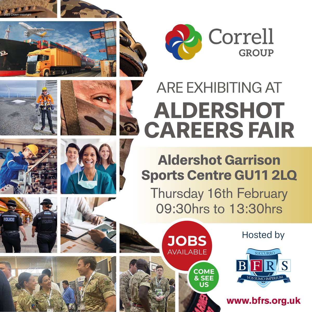 ServicesCorrell's tweet photo. Correll are exhibiting at the BFRS Armed Forces Community Careers event in Aldershot on Thursday 16th February, and with over 70+ exhibitors in attendance, all looking to hire, support and advise the armed forces community into employment, then it's not one to miss! #BFRSevents https://t.co/VWiRFhXXTz