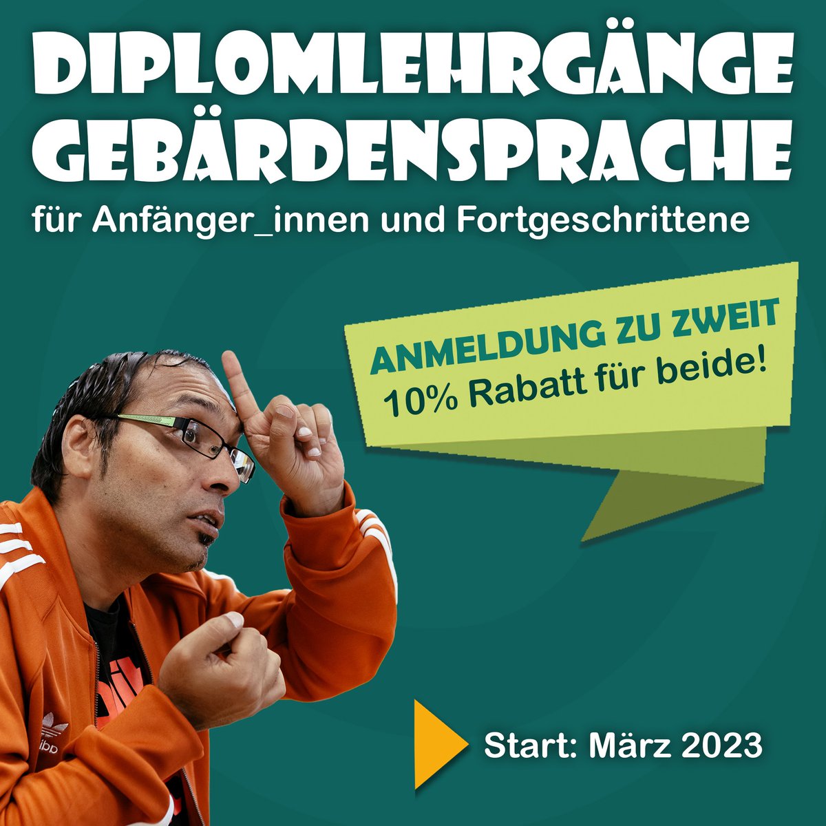✨ Doppelpack-Rabatt für unsere ÖGS-Diplomlehrgänge ✨

Die Diplomlehrgänge für Anfänger_innen und Fortgeschrittene starten im März 2023. Meldet euch jetzt schnell zu zweit an und ihr bekommt beide 10% Rabatt! 🧑‍🤝‍🧑

equalizent.com/fuer.../kursli…