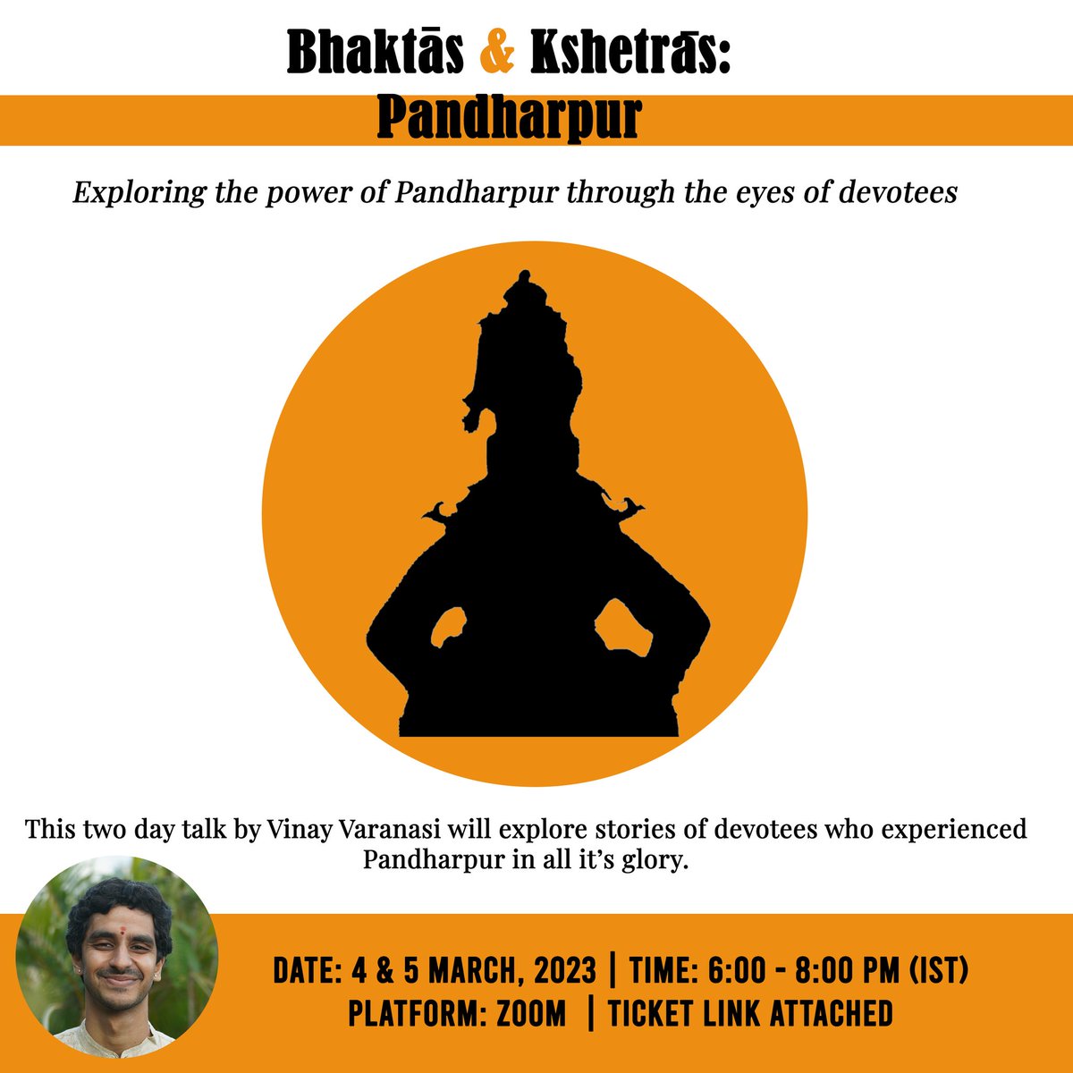Thrilled to be giving a talk on Pandharpur, home to Vittala. Will be spending two days talking about the experiences of devotees here. This is one place with so many stories to tell! 
Happening on zoom,4th &amp; 5th March. Ticket link attached: 
tikkl.com/vinayv/