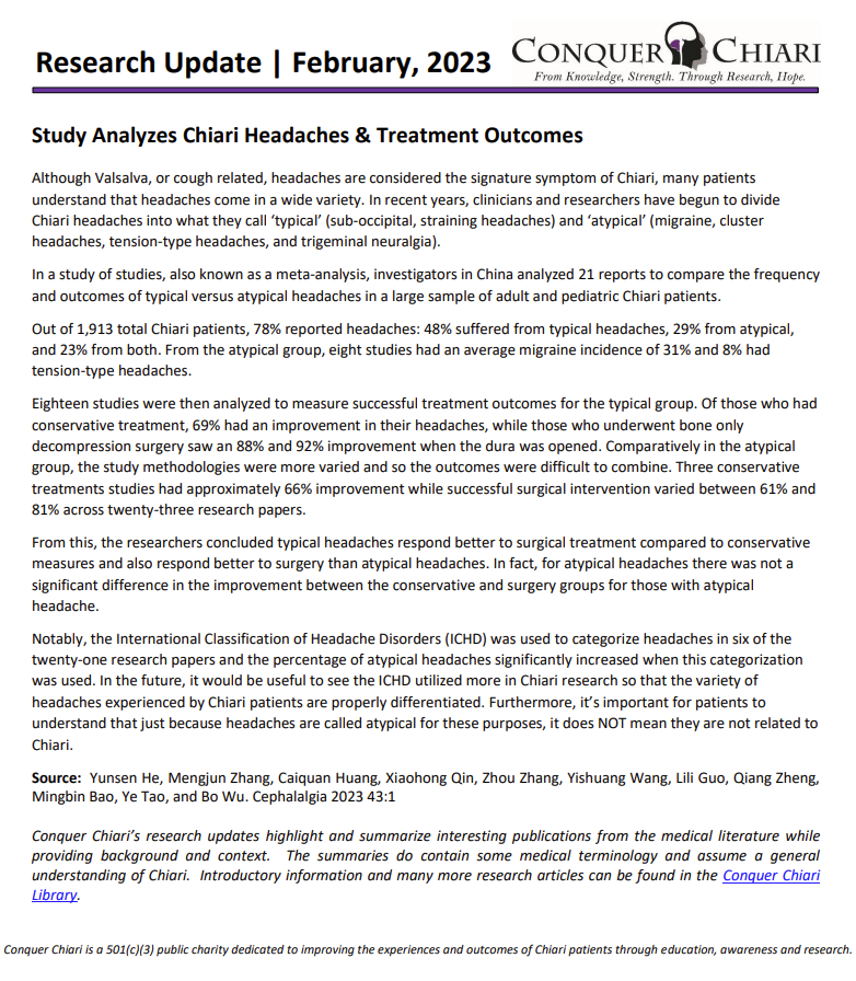 ConquerChiari's tweet photo. Study Analyzes Chiari Headaches & Treatment Options #ChiariResearch #ChiariMalformation #ChiariHeadache #CCWAA #ConquerChiari https://t.co/LrBWrTip68