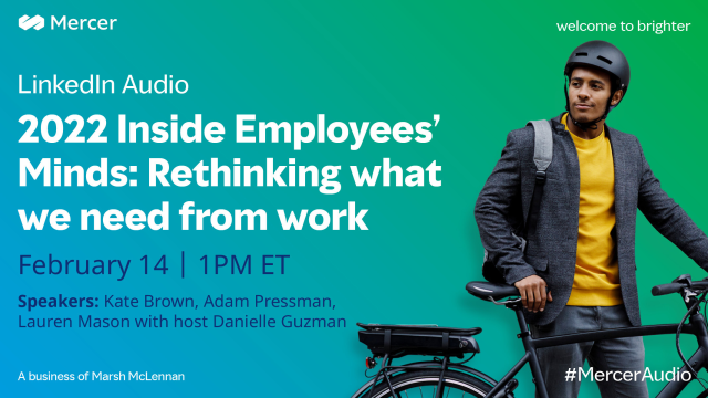 LizzieFe's tweet photo. What can employers do to attract and retain #talent in a tight #LaborMarket? Find out at our #MercerAudio event on February 14 featuring Lauren Mason, @kate_p_brown, @adam_pressman and host @guzmand. #EmployeeExperience https://t.co/QAM4ZC2Hcp https://t.co/P4SSfJ1jUq