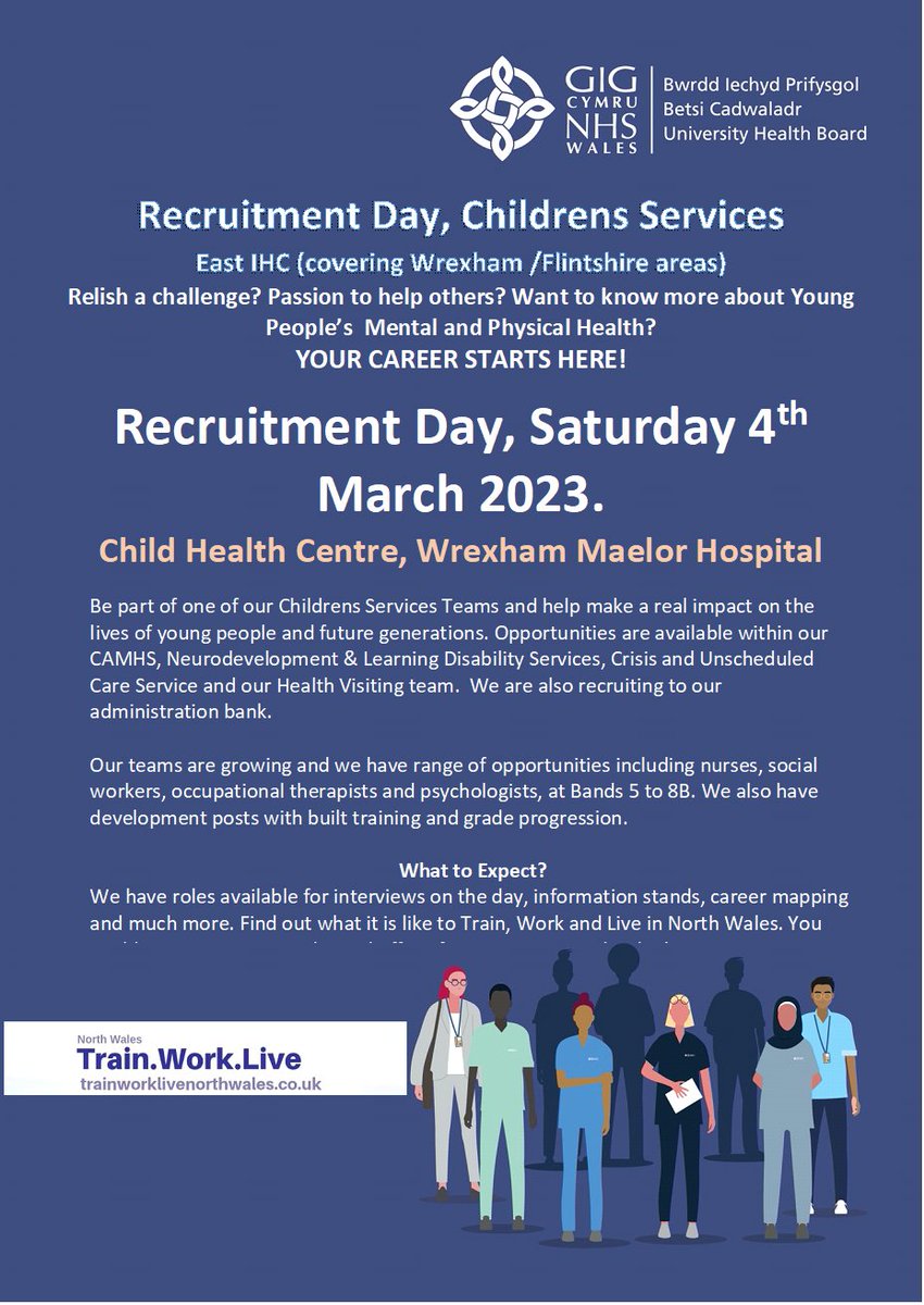 Recruitment Open Day 4th March 2023 
 
East Integrated Childrens Service 

Recruiting for registered and unregistered healthcare workers

Venue: Childrens Health Centre, Wrexham Maelor, Wrexham, LL13 7TD