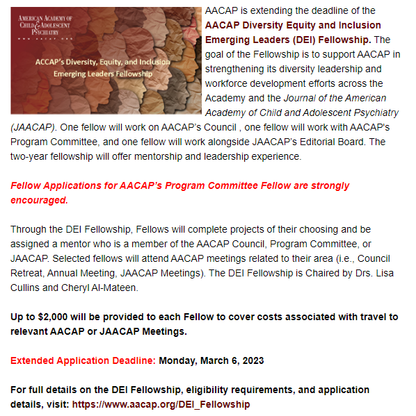 Child & Adol Psych Med Students & Residents (@cap_msr) on Twitter photo Join <a href="/AACAP/">American Academy of Child & Adolescent Psychiatry</a>'s #PsychTwitter trainee leadership team to advance #diversityandinclusion & #children's #mentalhealth
aacap.org/DEI_Fellowship
<a href="/LatinxInPsych/">#LatinxInPsych</a> <a href="/BlackPsychiatry/">Black Psych Docs</a> <a href="/WorldTrainees/">World Network of Psychiatric Trainees (WNPT)</a> <a href="/CAP_Asian/">Child & Adolescent Psych Asian Caucus</a> <a href="/PsychResChat/">PsychResChat</a> Join <a href="/AACAP/">American Academy of Child & Adolescent Psychiatry</a>'s #PsychTwitter trainee leadership team to advance #diversityandinclusion & #children's #mentalhealth
aacap.org/DEI_Fellowship
<a href="/LatinxInPsych/">#LatinxInPsych</a> <a href="/BlackPsychiatry/">Black Psych Docs</a> <a href="/WorldTrainees/">World Network of Psychiatric Trainees (WNPT)</a> <a href="/CAP_Asian/">Child & Adolescent Psych Asian Caucus</a> <a href="/PsychResChat/">PsychResChat</a>