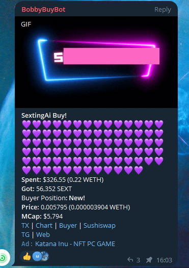 SextingAi's tweet photo. #SEXTINGAI Very smooth launch, contract has now been renounced and the sexy chatbot is live.
Bot:
https://t.co/F8eYNENsBU
Community:
https://t.co/pbZcNcBzVV
Chart@
https://t.co/mojUmcYWmv
#Arbitrum #ETH https://t.co/yy44uGCeXZ