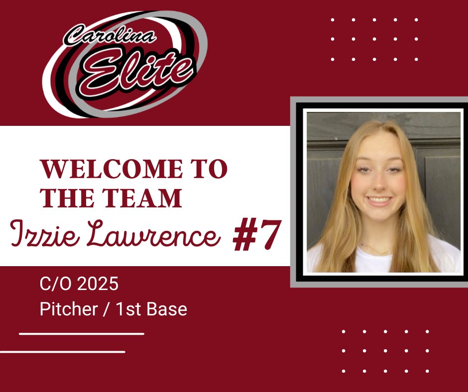 carolinaelitejw (@carolinaelitejw) on Twitter photo Happy to announce our newest member of the Carolina Elite JW team! <a href="/lawrence_izzie/">Izzy Lawrence</a> ready to help our squad on the mound and in the dirt. Looking forward to a great season! Happy to announce our newest member of the Carolina Elite JW team! <a href="/lawrence_izzie/">Izzy Lawrence</a> ready to help our squad on the mound and in the dirt. Looking forward to a great season!