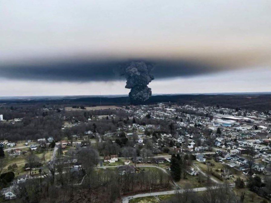 While we’re distracted by pronouns, UFOs, & Woke Jesus, it’s important to remember that over 100,000 gallons of burning vinyl chloride is destroying the air, water, soil, & living creatures of Palestine, Ohio. This is one of the biggest ecological disasters in American history.