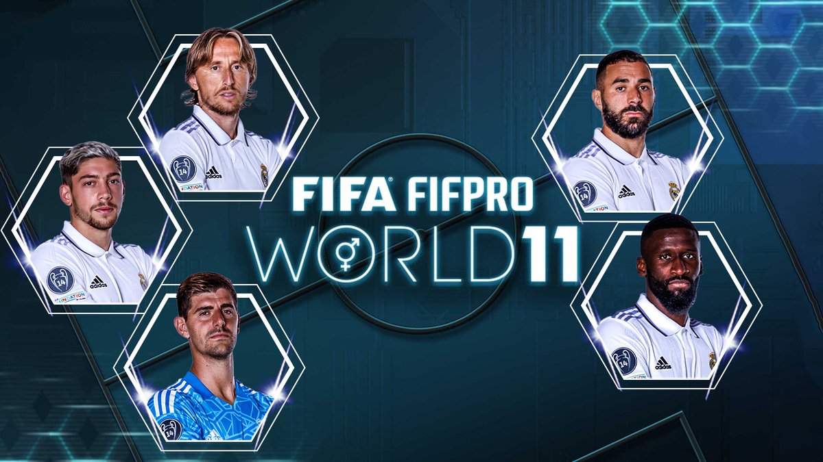 realmadrid's tweet photo. ✨ Nuestros candidatos al FIFA @FIFPRO #World11 de 2022: 
👉 @Benzema 
👉 @thibautcourtois 
👉 @lukamodric10 
👉 @fedeevalverde 
👉 @ToniRuediger 
#RealFootball https://t.co/BHbVScDVTD
