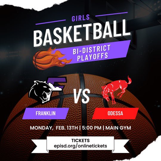 FranklinHS_GBB's tweet photo. Bi-district Championship Game!
Don’t miss the last chance to see your Lady Cougars at home as they begin the state 6A playoffs against the Odessa Lady Bronchos.

📍Franklin High School
🆚 Odessa High School
🗓️Monday, February 13th
⌚️5:00 PM (MST)

#LockedIn https://t.co/mhi2QdV6O8