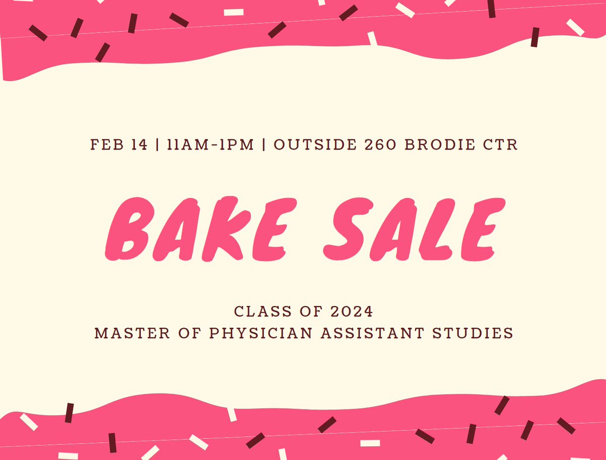MPAS_UofM's tweet photo. Tomorrow is the day to come and support the Class of 2024 with their bake sale!
Feb 14 - 11AM-1PM - Outside 260 Brodie Centre at the University of Manitoba
All proceeds go towards the Class of 2024s graduation!
#MPAS #PA #PCCPA #PhysicianAsssitant #CanadaNeedsPAs #RFHS #MRCM https://t.co/Elf8gyREKD