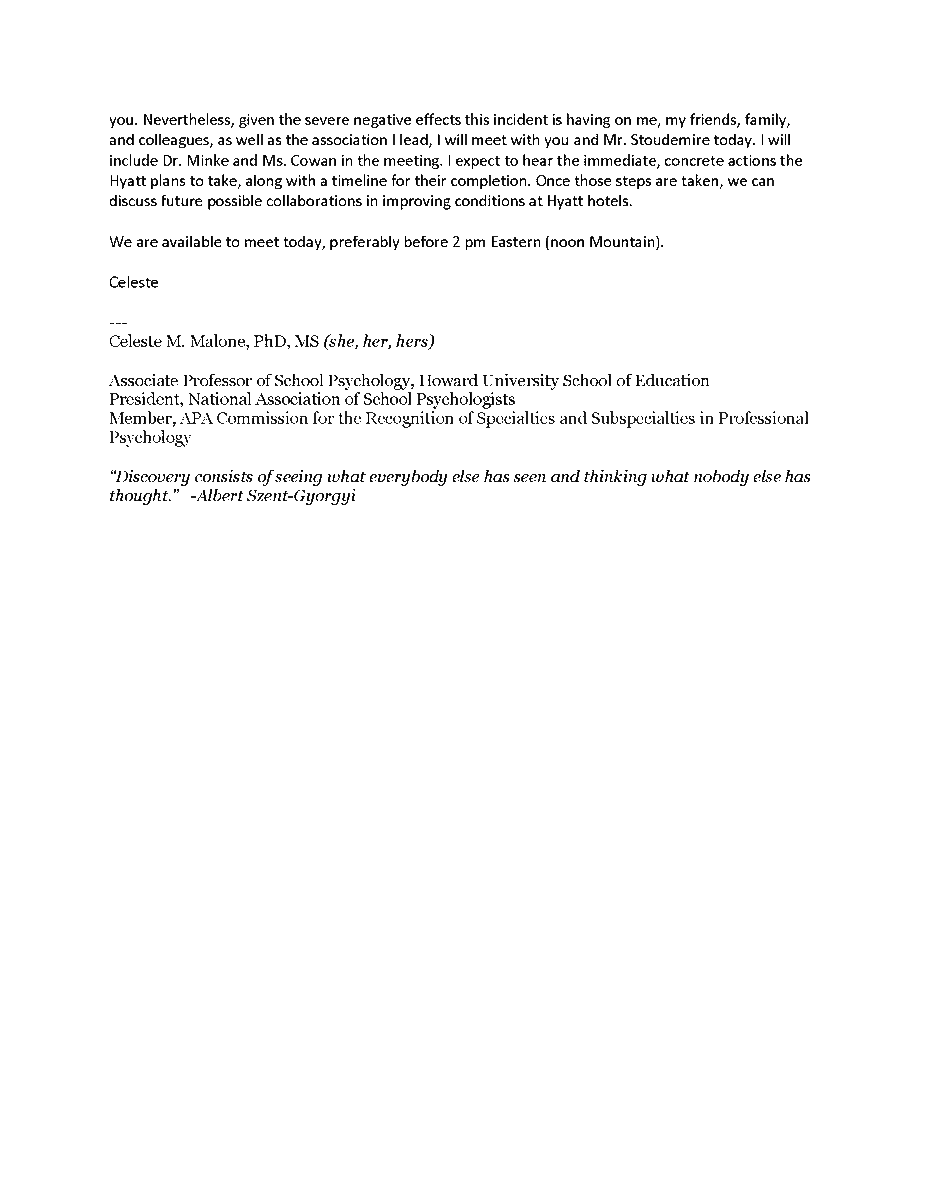 The Hyatt Denver GM reached out to Celeste over the weekend with yet another non-response but asking to speak. Her response back is pictured below. Core to her message was: 2/