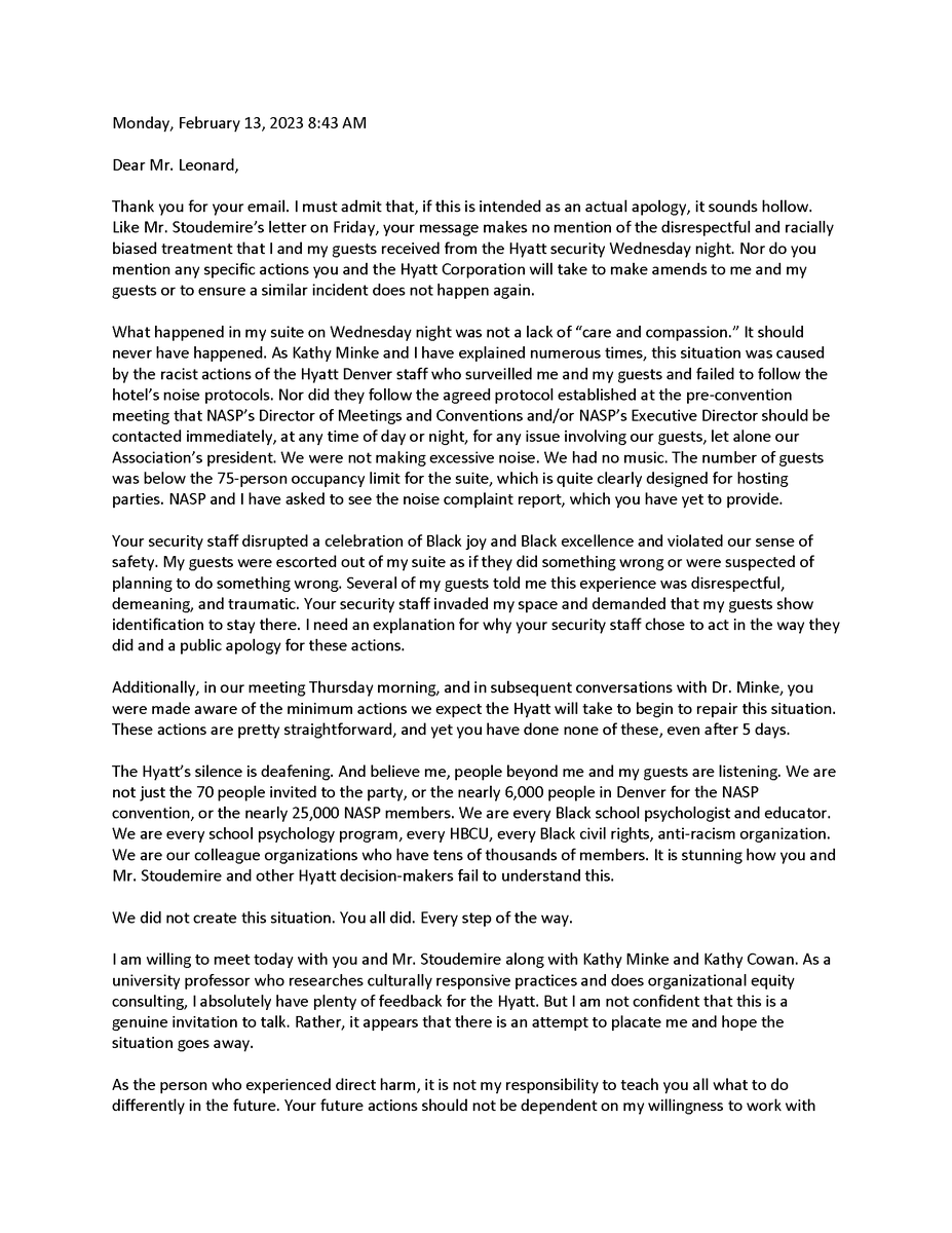 nasponline's tweet photo. The Hyatt Denver GM reached out to Celeste over the weekend with yet another non-response but asking to speak. Her response back is pictured below. Core to her message was: 2/ https://t.co/O8jPdBrwAT